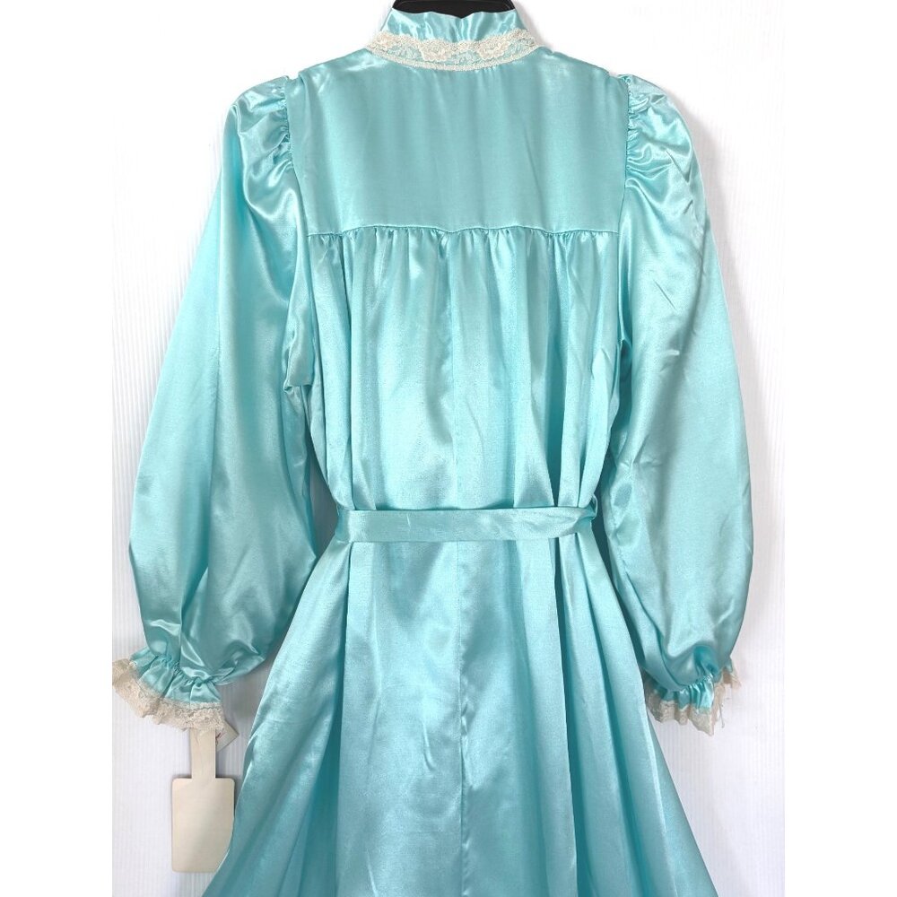 size S Vintage Aqua Satin Robe Lace Trim Silkalure Women's Long Sleeves Belted s - Picture 9 of 9